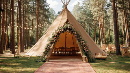 A beautiful tent surrounded by trees, decorated with flowers, ideal for gatherings and events. This serene setting offers an enchanting atmosphere for any celebration.の素材