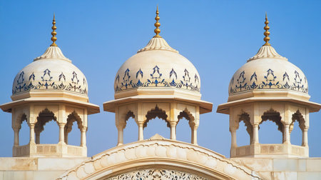Stunning view of three ornate domes showcasing intricate details and elegant design against a clear blue sky, representing cultural heritage and architectural beauty.の素材