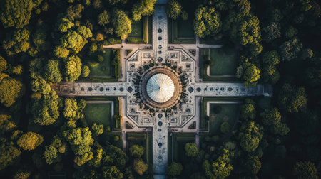 Captivating aerial view of a beautifully designed garden featuring a central structure, surrounded by lush greenery and intricate pathways, evoking tranquility and harmony.の素材