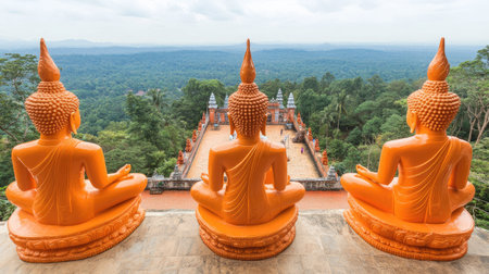 Witness the serene beauty of orange Buddha statues overlooking a lush green landscape, embodying tranquility and spiritual reflection in nature.の素材