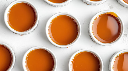 An enticing arrangement of creamy caramel custard in individual ramekins, perfect for dessert lovers. Ideal for showcasing indulgent treats.の素材