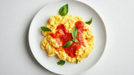 A vibrant plate of scrambled eggs topped with rich tomato sauce and fresh basil. Perfect for breakfast or brunch, this dish offers a delicious and nutritious start to the day.の素材