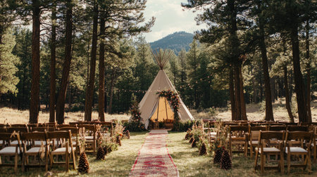 A rustic wedding ceremony set in a beautiful forest, featuring a charming tipi, elegant seating arrangements, and vibrant floral decor, perfect for celebrations.の素材