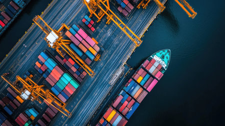 Aerial view showcasing vibrant shipping containers and cranes at a busy port, highlighting the dynamics of cargo transport and logistics operations.の素材