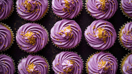 A stunning display of purple cupcakes topped with golden sprinkles, perfect for celebrations. Ideal for desserts, events, and festive occasions.の素材