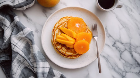 Indulge in a delightful breakfast featuring fluffy pancakes topped with fresh mango and orange slices, served with a cup of coffee on a marble table.の素材