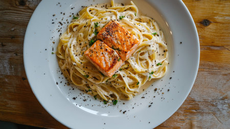 A plate of creamy pasta topped with grilled salmon rests on a rustic wooden table, showcasing a delicious and elegant meal perfect for any dining occasion.の素材