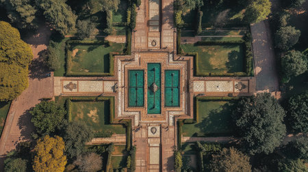 An aerial view showcasing a beautifully designed garden with symmetrical patterns, tranquil water features, and lush greenery, perfect for relaxation and leisure.の素材