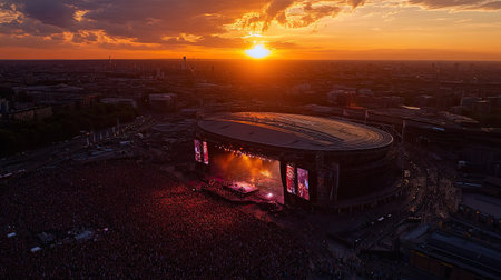 Experience a breathtaking sunset over a bustling music festival, capturing the energy of a vibrant crowd and stunning stage lights in an outdoor setting.の素材