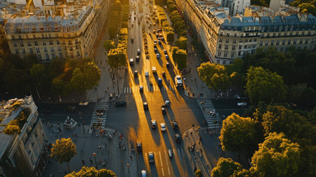 Captivating aerial shot of a bustling city street at sunset, showcasing traffic, pedestrians, and the vibrant mix of urban life and nature.の素材