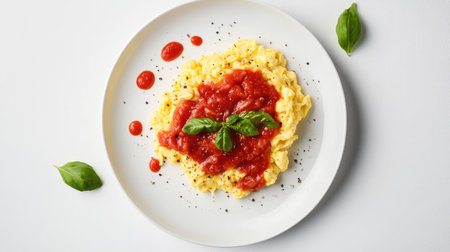 A mouthwatering omelette topped with rich tomato sauce and fresh basil leaves. Perfect for breakfast or a light meal, showcasing vibrant colors and textures.の素材