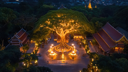 A mesmerizing view of an illuminated tree surrounded by traditional architecture at night, creating a serene atmosphere in a tranquil garden setting.の素材