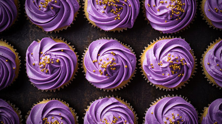 Delight in these beautifully styled purple frosted cupcakes topped with sparkling gold sprinkles. Perfect for celebrations and special events.の素材