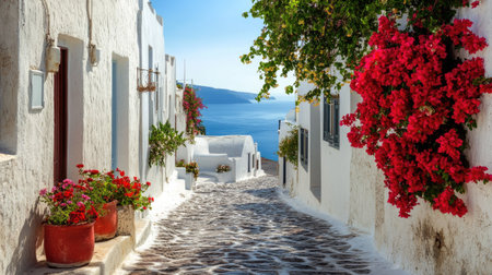 Experience the charm of a coastal village with vibrant flowers and stunning sea views. This picturesque pathway invites tranquility and exploration.の素材