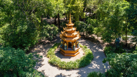 Captivating aerial view of a wooden pavilion nestled among lush trees in a tranquil garden, showcasing the perfect retreat for relaxation and peace.の素材
