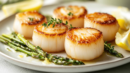 Succulent seared scallops elegantly plated with fresh asparagus and lemon. A perfect dish for seafood lovers seeking a gourmet culinary experience.の素材