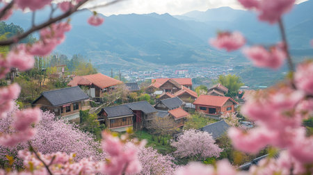 A picturesque village nestled in the mountains, surrounded by vibrant cherry blossoms. This serene landscape showcases natural beauty and tranquility in springtime.の素材