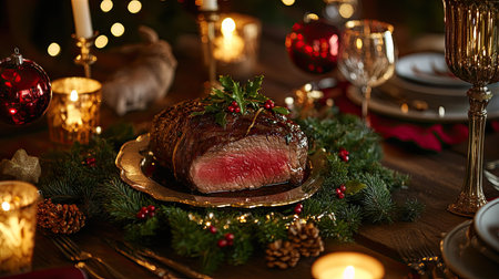 An elegant holiday dinner featuring a beautifully cooked roast adorned with greenery, surrounded by candlelight and festive decor. Perfect for celebration.の素材