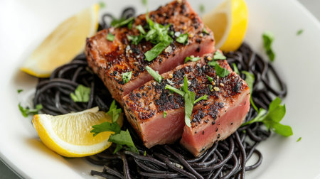 A beautifully plated seared tuna steak served on a bed of black pasta, garnished with fresh herbs and lemon slices, perfect for gourmet dining.の素材
