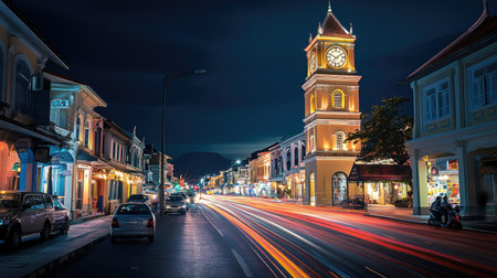 A stunning nighttime view of a historic clock tower, surrounded by vibrant city life and colorful street lights, capturing the essence of urban charm.の素材