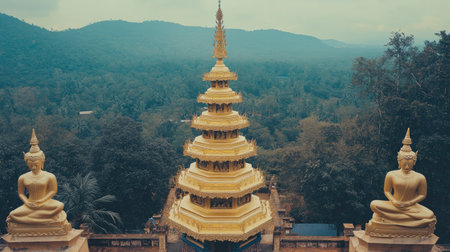 A stunning golden pagoda rises amidst lush greenery and distant mountains, showcasing serene spirituality and rich cultural heritage in a tranquil setting.の素材