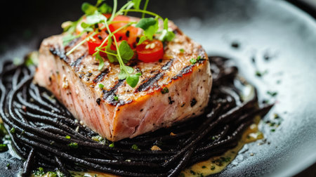This image features a beautifully grilled salmon fillet served on a bed of black pasta, garnished with fresh vegetables and herbs. Perfect for culinary inspiration.の素材