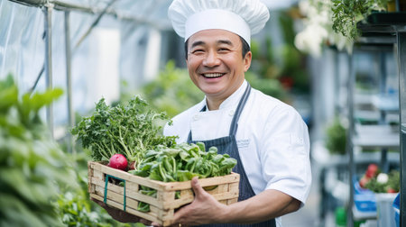 A cheerful chef proudly displays a basket of fresh vegetables in a vibrant greenhouse, highlighting the importance of healthy cooking and sustainable food practices.の素材