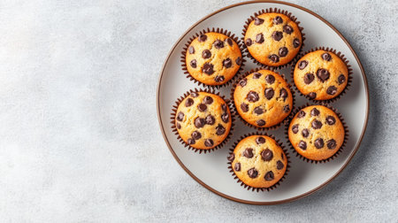 A delightful arrangement of freshly baked chocolate chip muffins on a stylish plate, perfect for breakfast or as a sweet snack. Enjoy the warm, inviting aroma!の素材