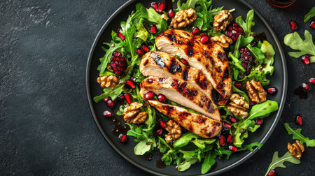 A delicious grilled chicken breast served atop a vibrant green salad, accented with walnuts and pomegranate. Perfect for healthy meal inspirations.の素材