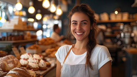 A cheerful woman smiles in a cozy bakery, surrounded by fresh baked goods and a warm atmosphere, embodying the joy of food and hospitality.の素材