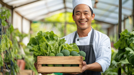 A cheerful chef showcasing a wooden crate filled with fresh vegetables in a greenhouse. The vibrant greens highlight the connection between nature and culinary arts.の素材