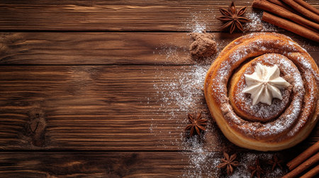 A delicious cinnamon roll dusted with powdered sugar, surrounded by cinnamon sticks and star anise. Perfect for cozy moments and festive gatherings.の素材