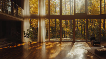 A bright and serene modern living room showcases large windows offering a stunning autumn view. Sunlight pours in, creating a warm, tranquil atmosphere.の素材