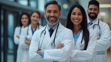 A diverse and smiling medical team stands confidently in a modern hospital corridor, showcasing professionalism and teamwork in the healthcare industry.の素材