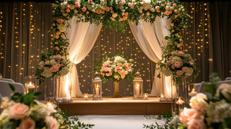 Beautiful wedding ceremony setup featuring lush floral arrangements, elegant drapery, and soft lighting that creates a romantic ambiance for a special event.の素材