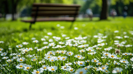 A beautiful spring meadow filled with daisies blossoms, featuring a park bench in the background. Ideal for outdoor and nature-themed projects.の素材