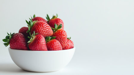A stunning display of fresh strawberries in a white bowl, showcasing their vibrant red color and glossy texture against a clean backdrop. Perfect for food photography or healthy lifestyle themes.の素材