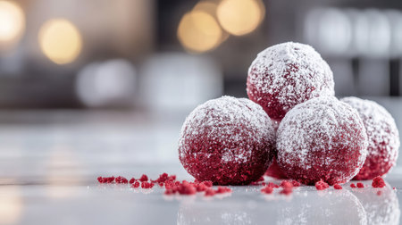 A close-up of powdered red dessert delights arranged elegantly on a table. The vibrant color contrasts beautifully with the soft sugar coating, making it ideal for festive occasions.の素材