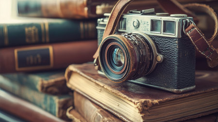 A vintage camera rests on a stack of old books, creating a nostalgic atmosphere. The warm tones and detailed textures evoke a love for photography and literature.の素材