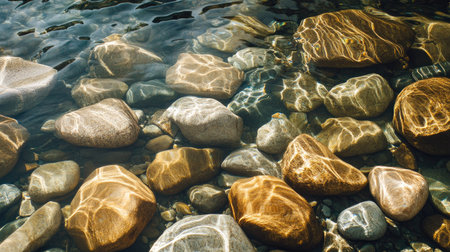 Discover the serene beauty of smooth stones submerged in clear water, reflecting sunlight and creating mesmerizing patterns, perfect for nature lovers.の素材