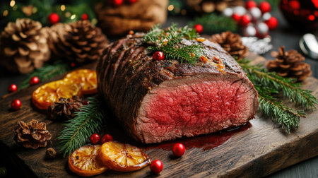 A beautifully presented roast with vibrant garnishes, perfect for festive celebrations. Bright orange slices and pine create a warm holiday atmosphere.の素材