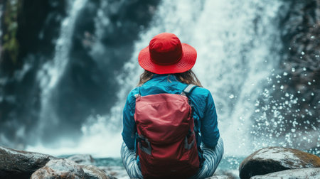 A serene image capturing a traveler sitting by a waterfall, immersed in nature's beauty. The bright red hat contrasts beautifully with the green surroundings, creating a peaceful ambiance.の素材