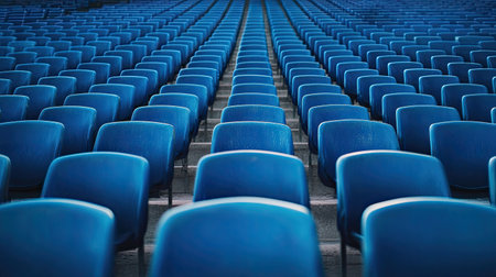 A captivating image of rows of empty blue chairs arranged in a large venue, showcasing modern design and symmetry. Perfect for themes of anticipation or spaciousness.の素材