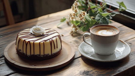 A delectable slice of cake paired with a rich coffee on a rustic wooden table, creating a cozy atmosphere perfect for relaxation and enjoyment.の素材