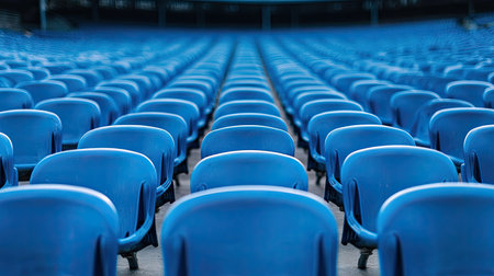A visually striking image showcasing rows of blue stadium seats arranged in perfect symmetry, creating a tranquil atmosphere in an outdoor venue.の素材