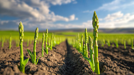 Vibrant asparagus plants emerge from rich soil in an open field, capturing the essence of spring growth and sustainable agriculture under a bright blue sky.の素材