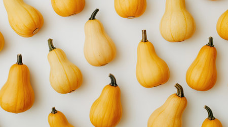 This image features an assortment of fresh yellow squash arranged artistically against a light background, perfect for culinary themes and healthy eating concepts.の素材
