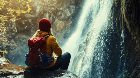 A serene traveler enjoys a peaceful moment by a cascading waterfall, surrounded by lush nature. The vibrant colors evoke adventure and tranquility.の素材