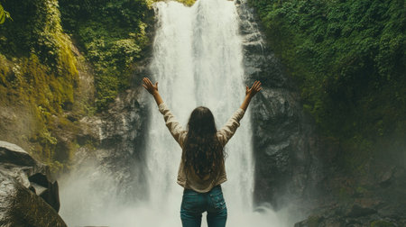 A woman stands in front of a majestic waterfall, arms raised in joy and connection with nature. Lush greenery surrounds this breathtaking outdoor scene.の素材