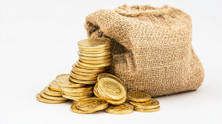 A collection of shiny golden coins spilled from a burlap bag, symbolizing wealth and savings. Perfect for financial themes and investment concepts.の素材
